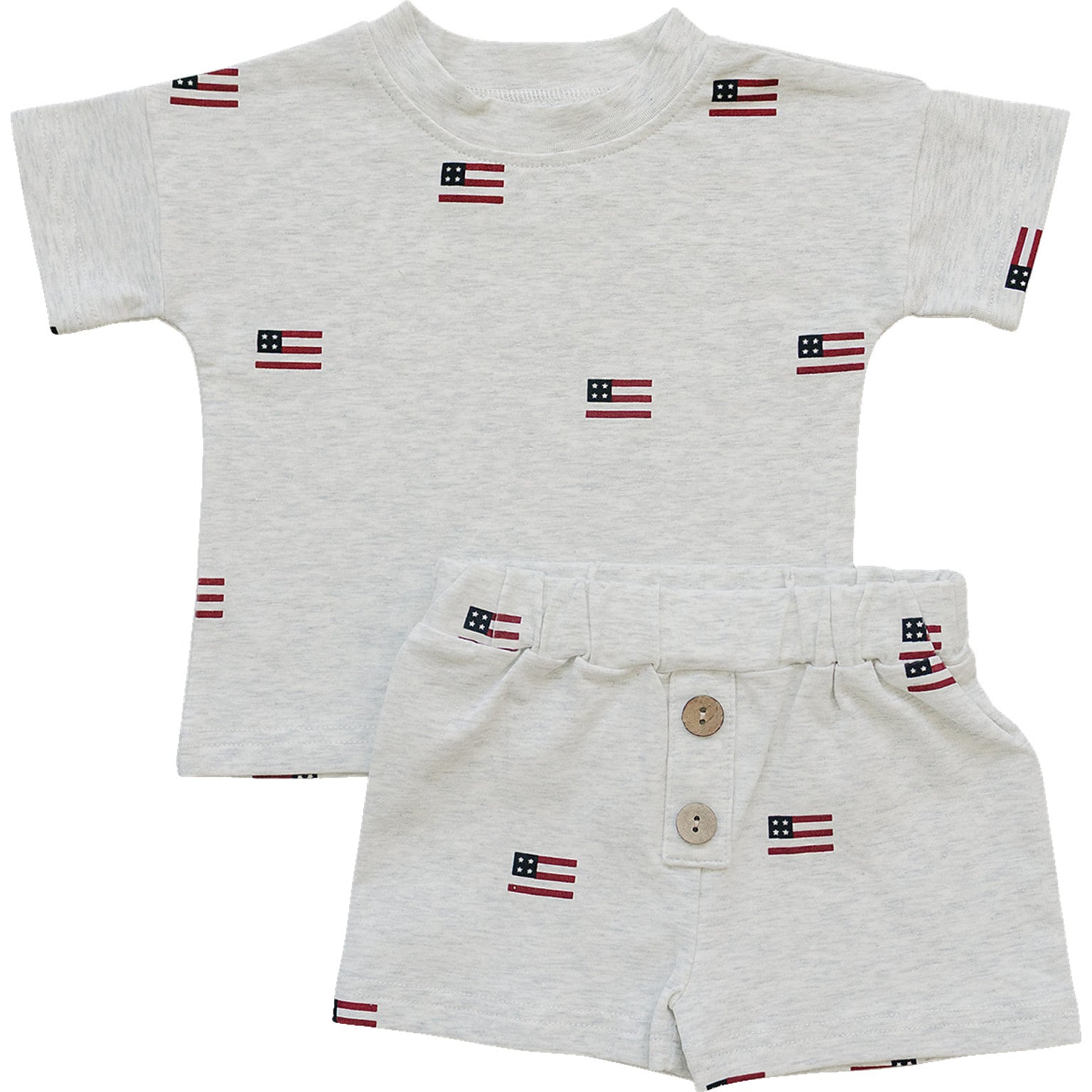 Mebie Baby organic baby short set with flag-themed buttons.