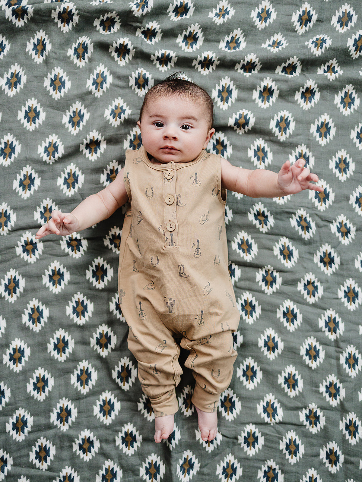 Mebie Baby organic cotton western tank romper for baby, featuring a cute western print.