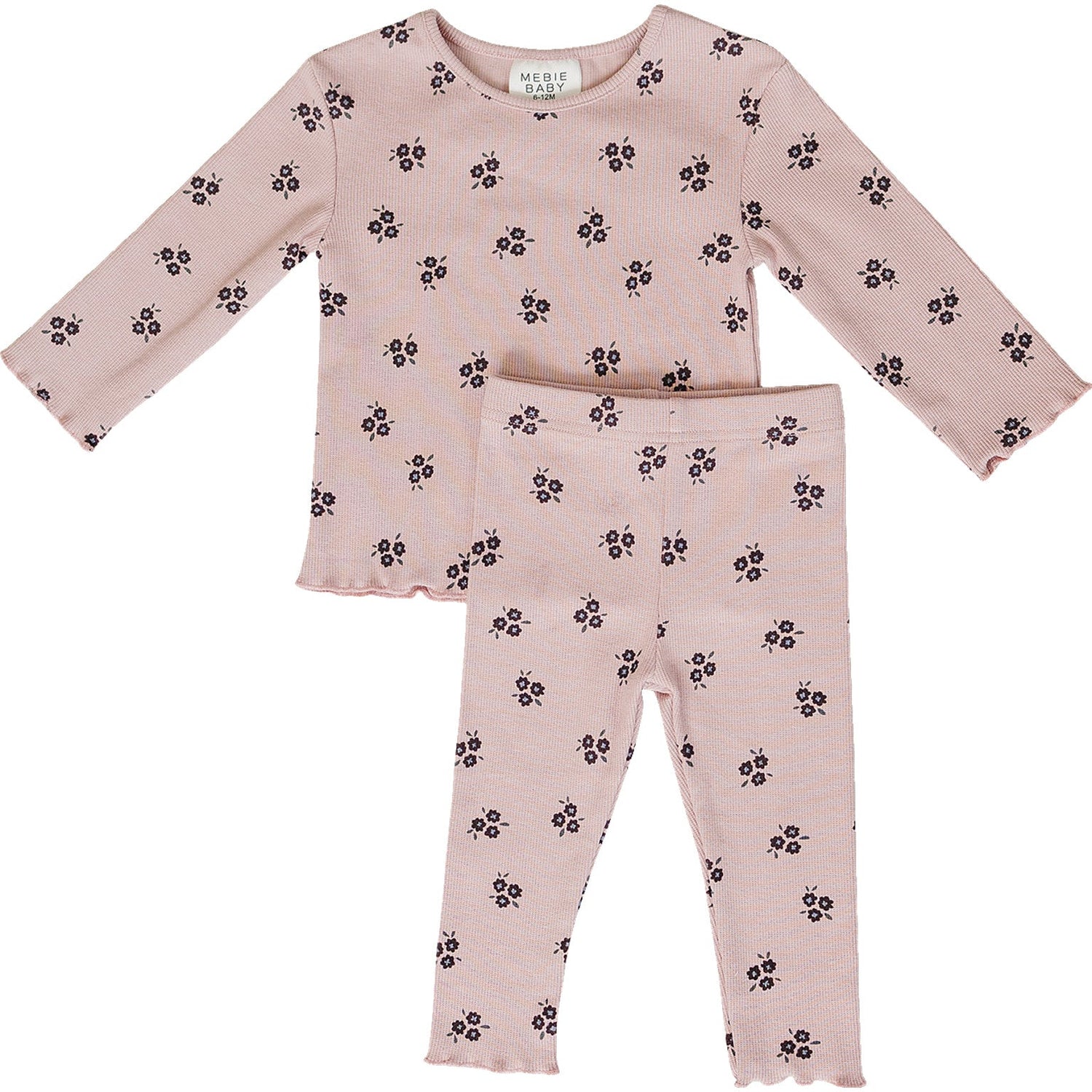 Two-piece baby set with a pink long sleeve top and matching pink bottoms with a petal pattern