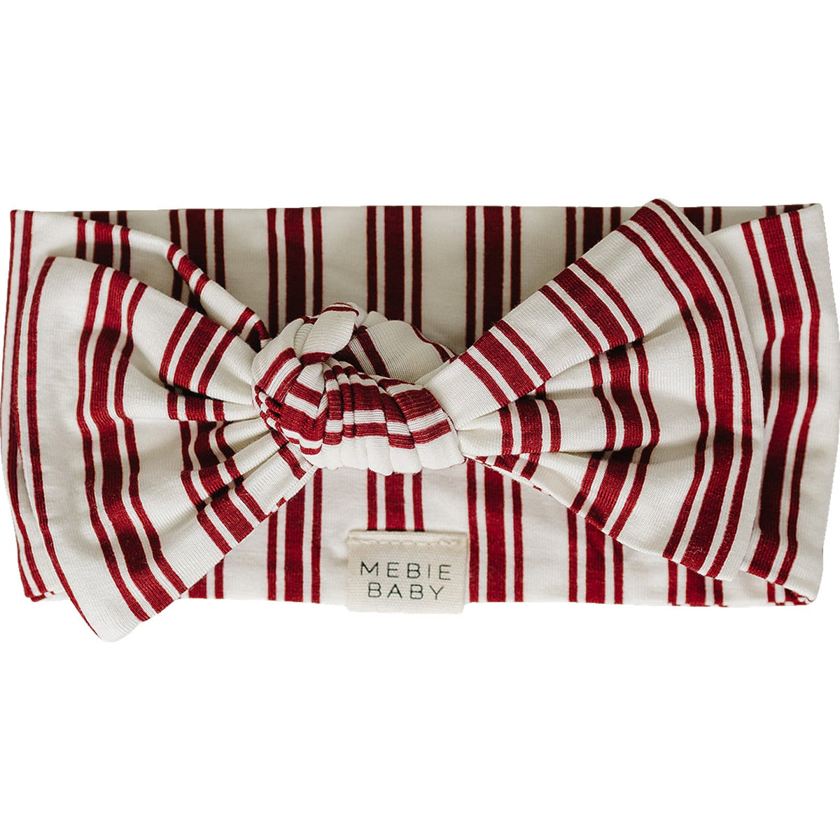 Ribbed bamboo baby head wrap in red and white stripes with a knotted bow front
