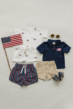 Mebie Baby organic Flag Button Short Set. Soft baby top & shorts with flag buttons.