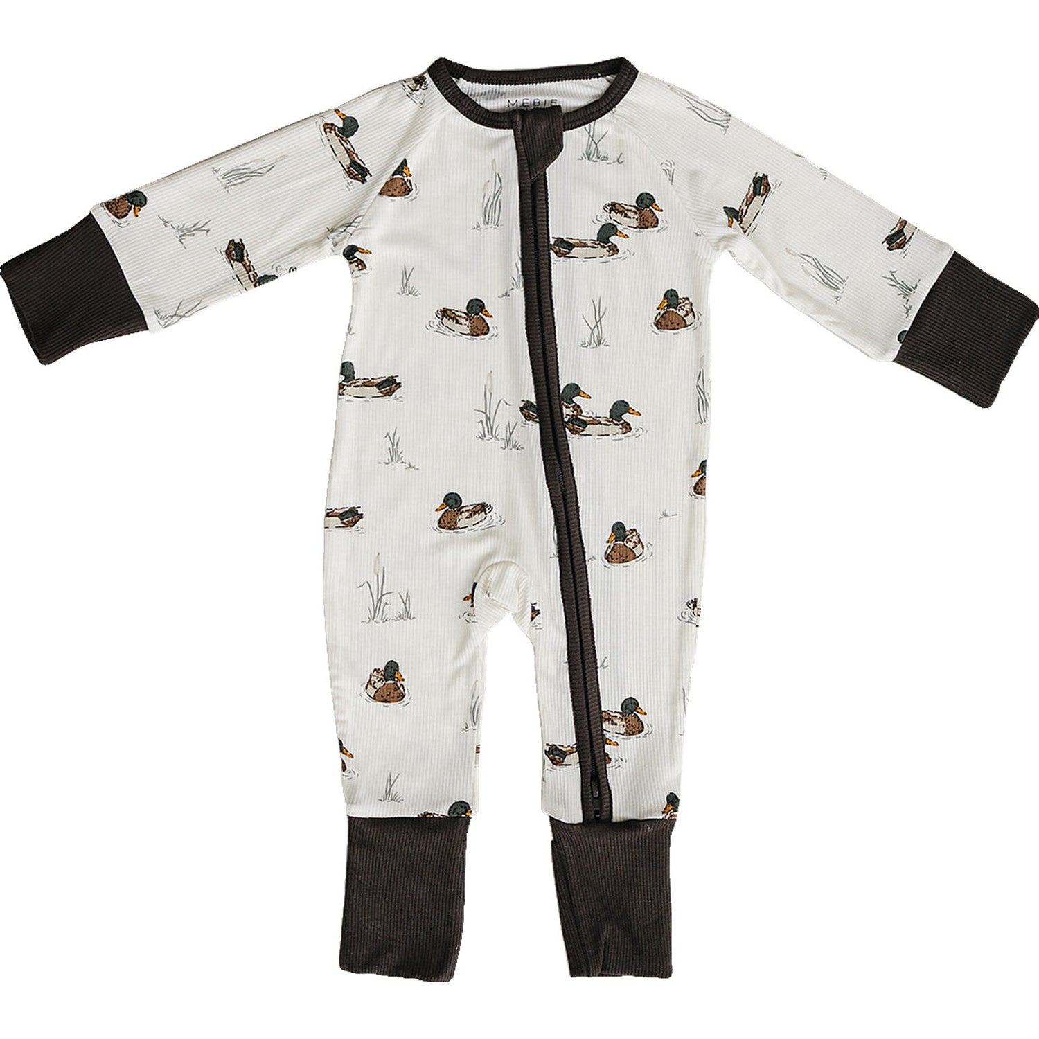 Footed baby pajamas in a neutral ducks print with ribbed bamboo fabric and a full-length double zipper.