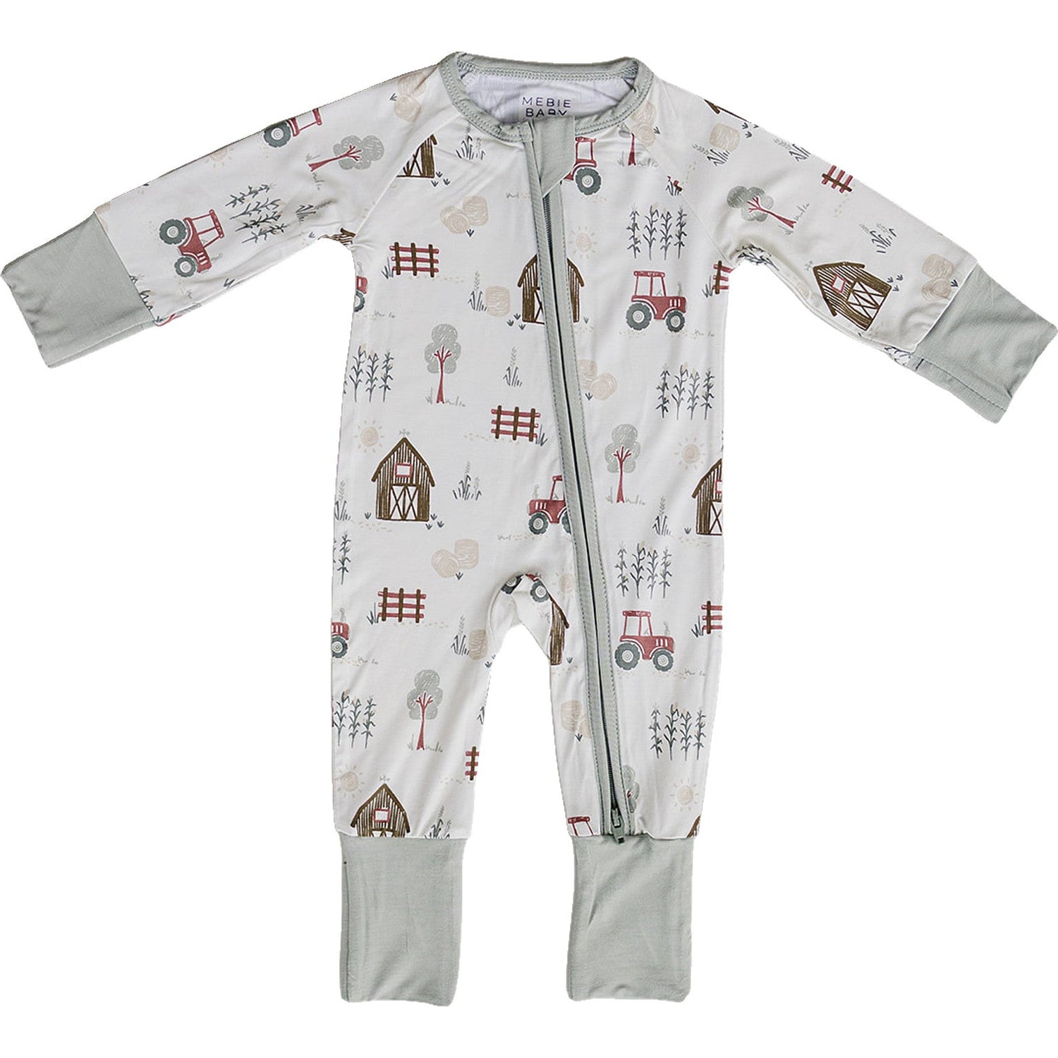 Bamboo baby footed pajamas with a neutral farmhouse print, double zipper, and fold-over foot cuffs.