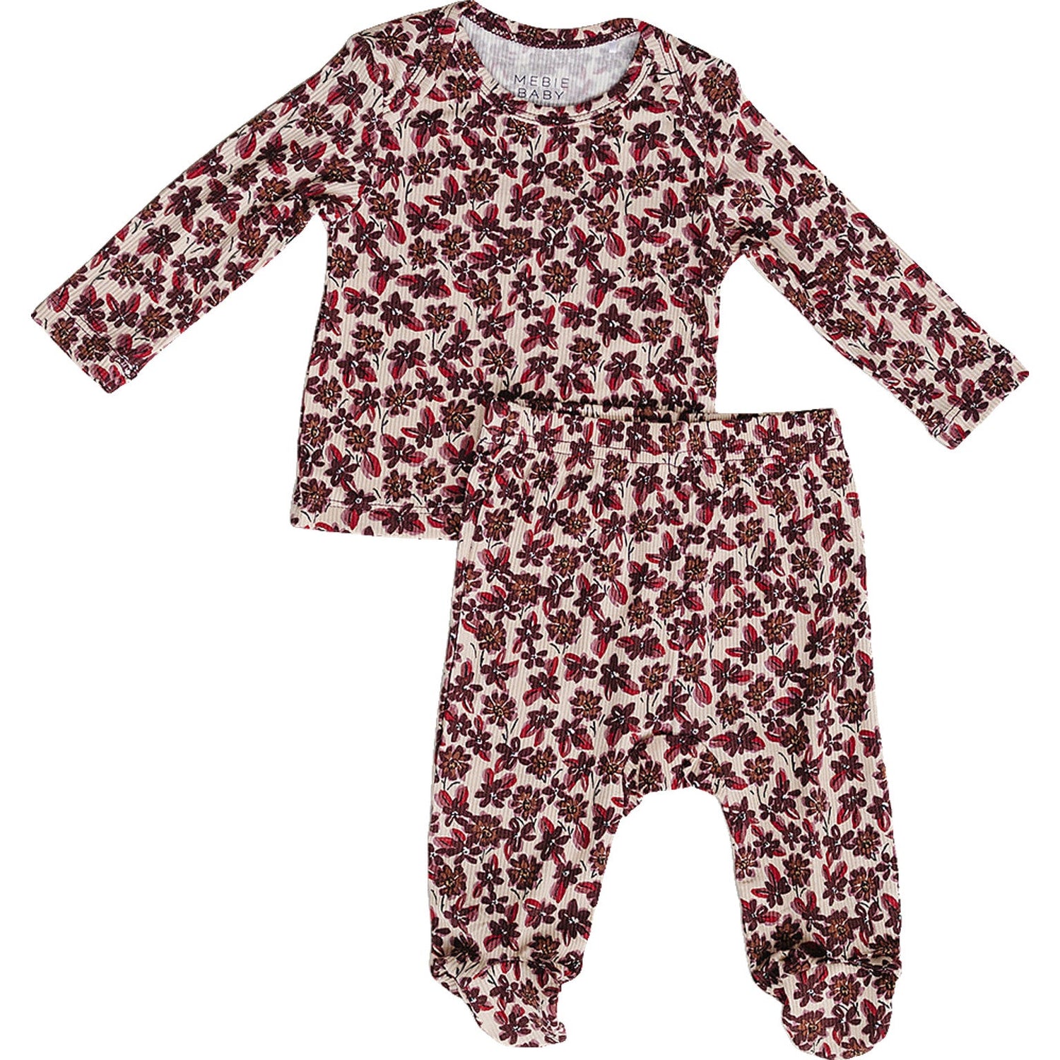 Two-piece bamboo baby layette set in taupe antique floral pattern with matching top and footed bottoms
