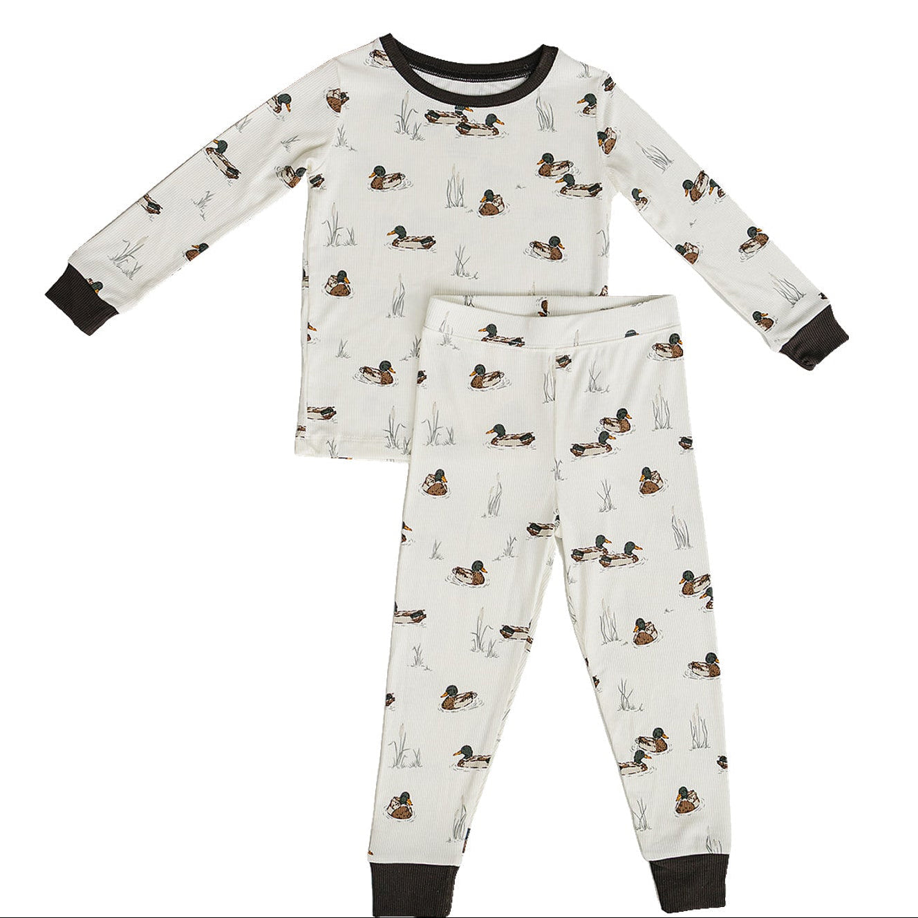 Ribbed bamboo two-piece cozy set, top and bottoms, in a neutral duck pattern for toddlers and kids.