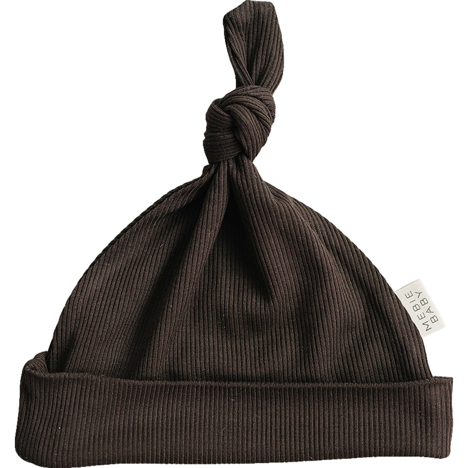 Brown ribbed newborn knot hat with a top knot, made of bamboo fabric