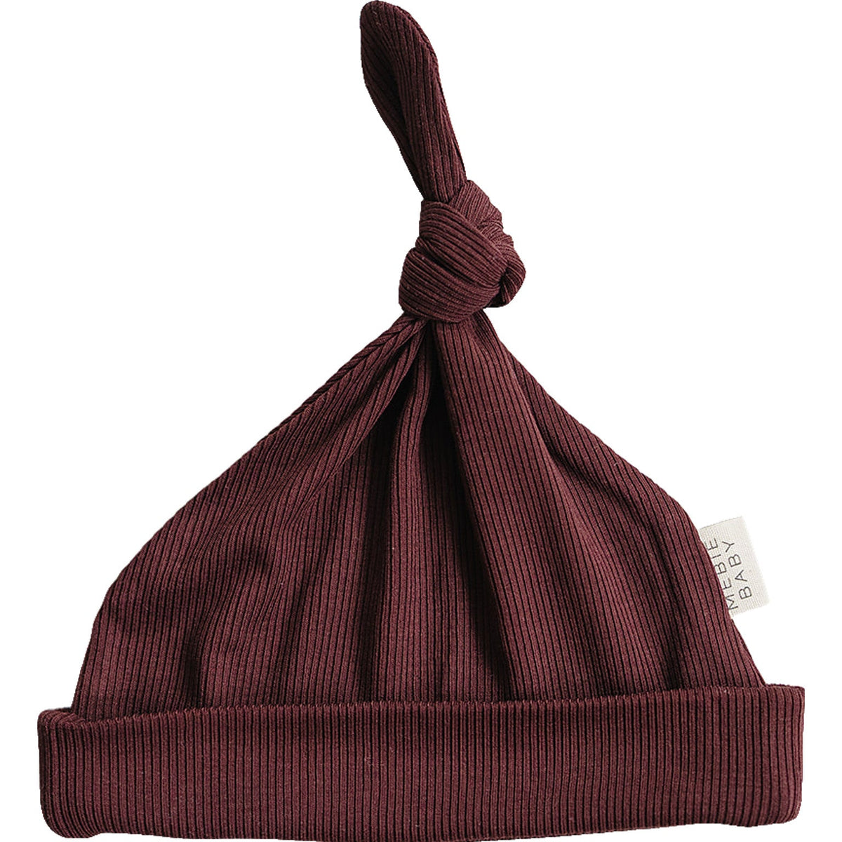 Deep violet ribbed bamboo newborn knot hat with a tied knot at the top