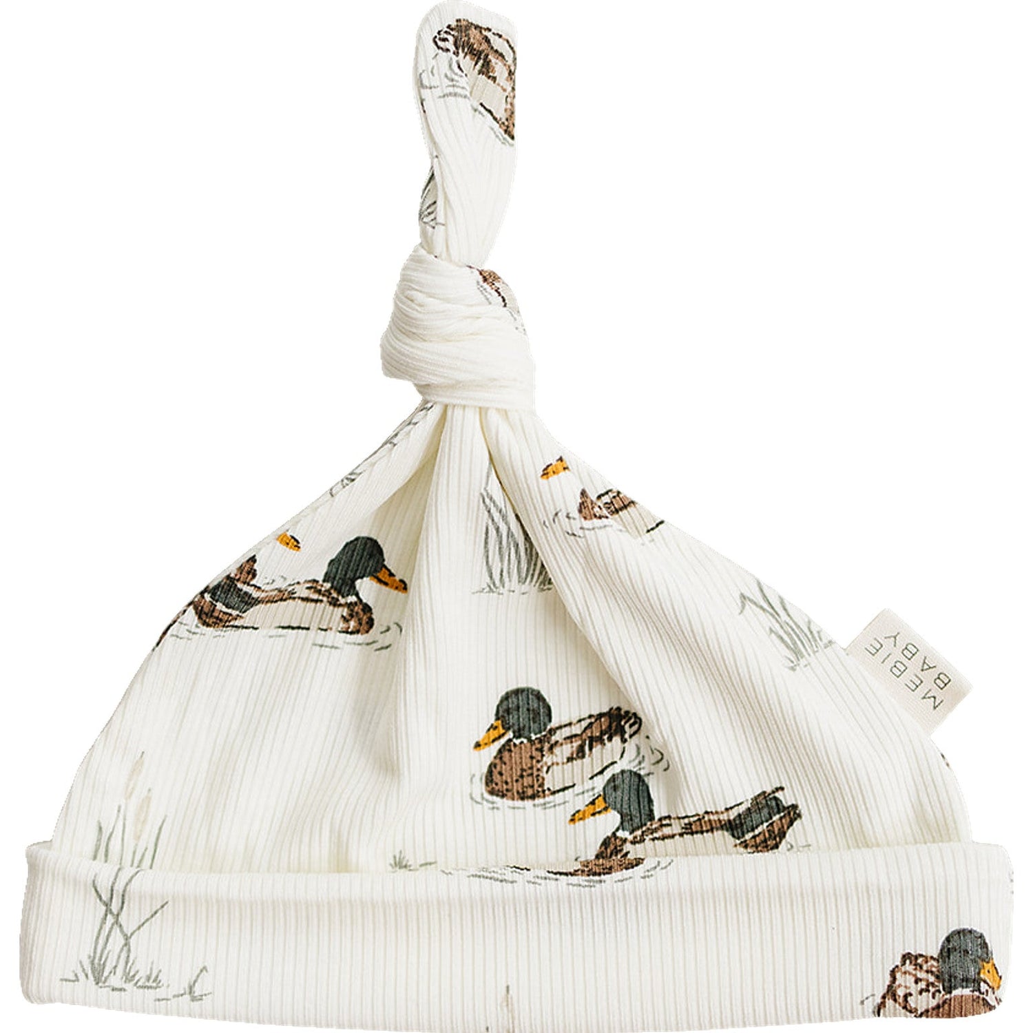 Ribbed newborn knot hat with a duck print and a top knot, made of soft bamboo fabric