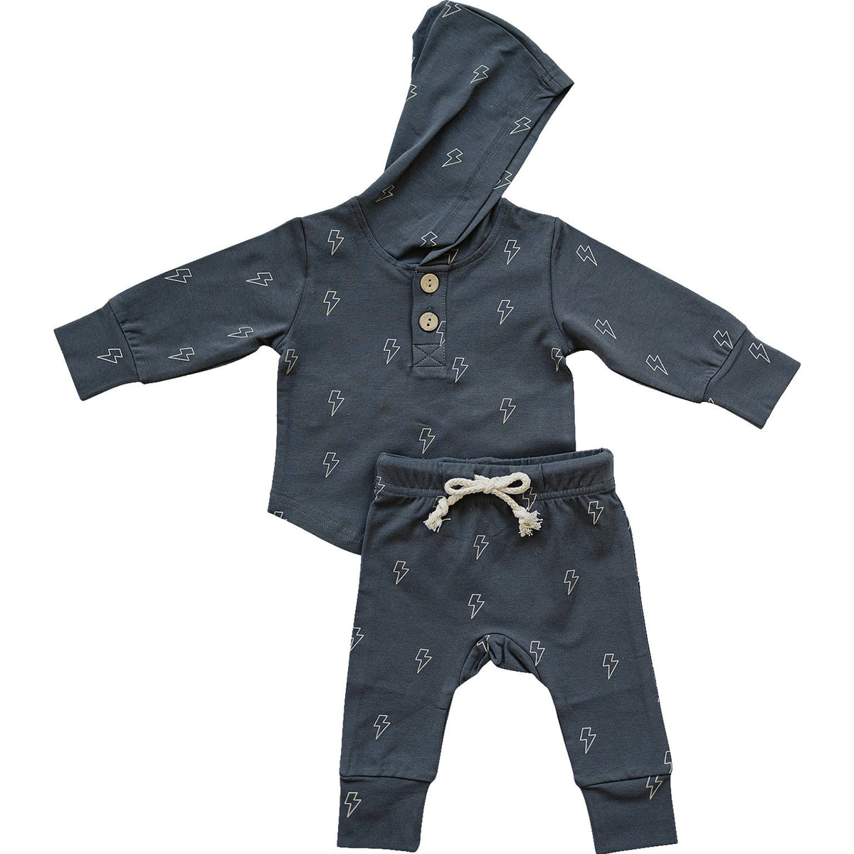 Two-piece baby and toddler set with hooded top featuring a lightning bolt design and matching pants