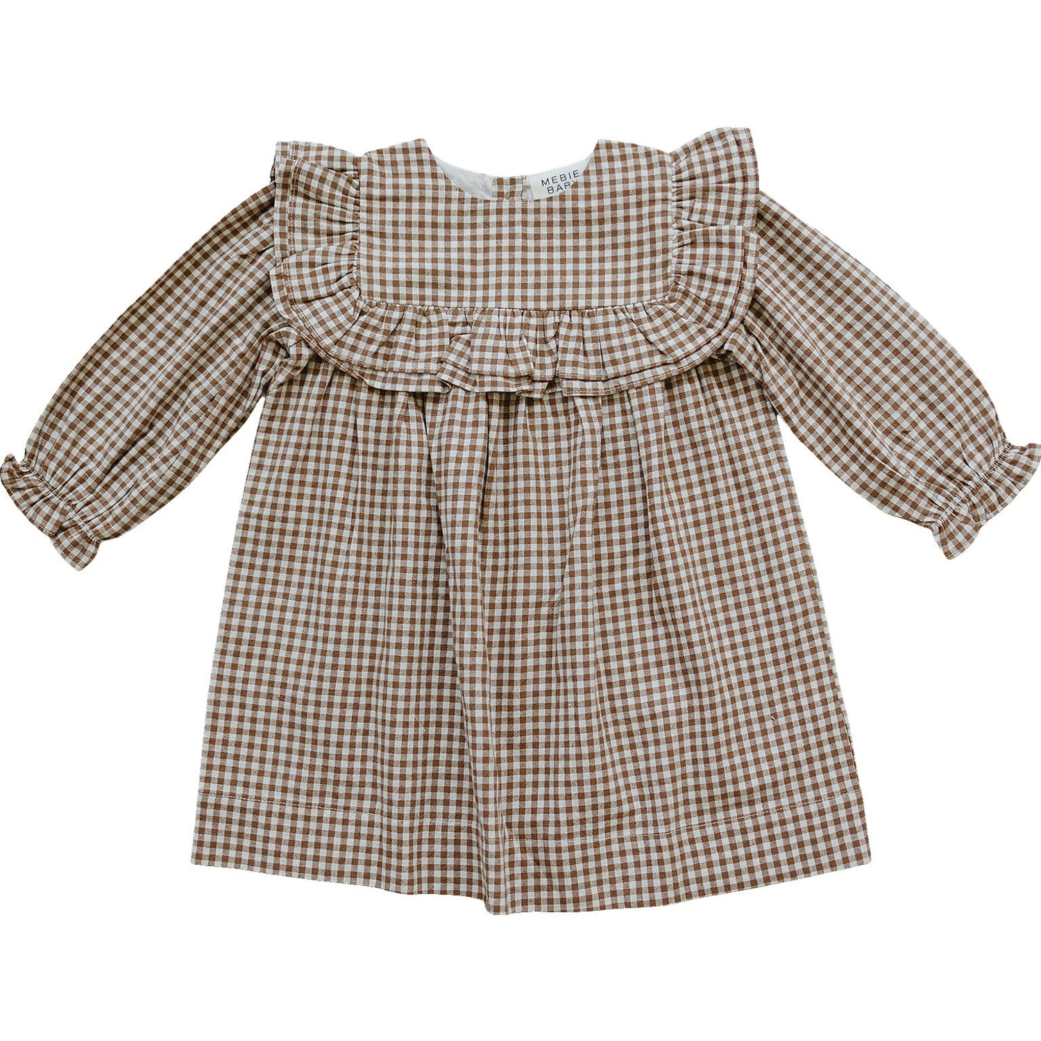 Long-sleeve gingham baby dress with a ruffle detail beneath the neckline