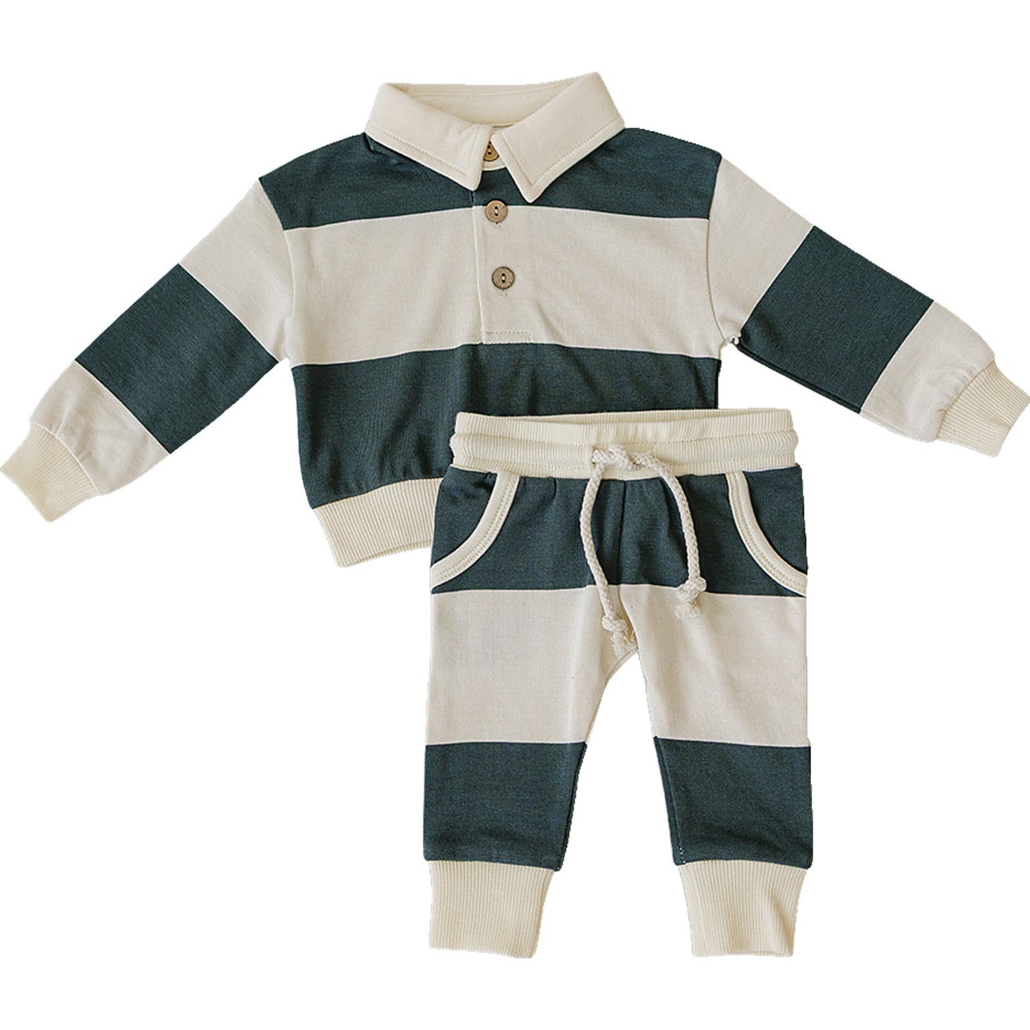 Green striped two-piece French terry set with a collared top and matching bottoms