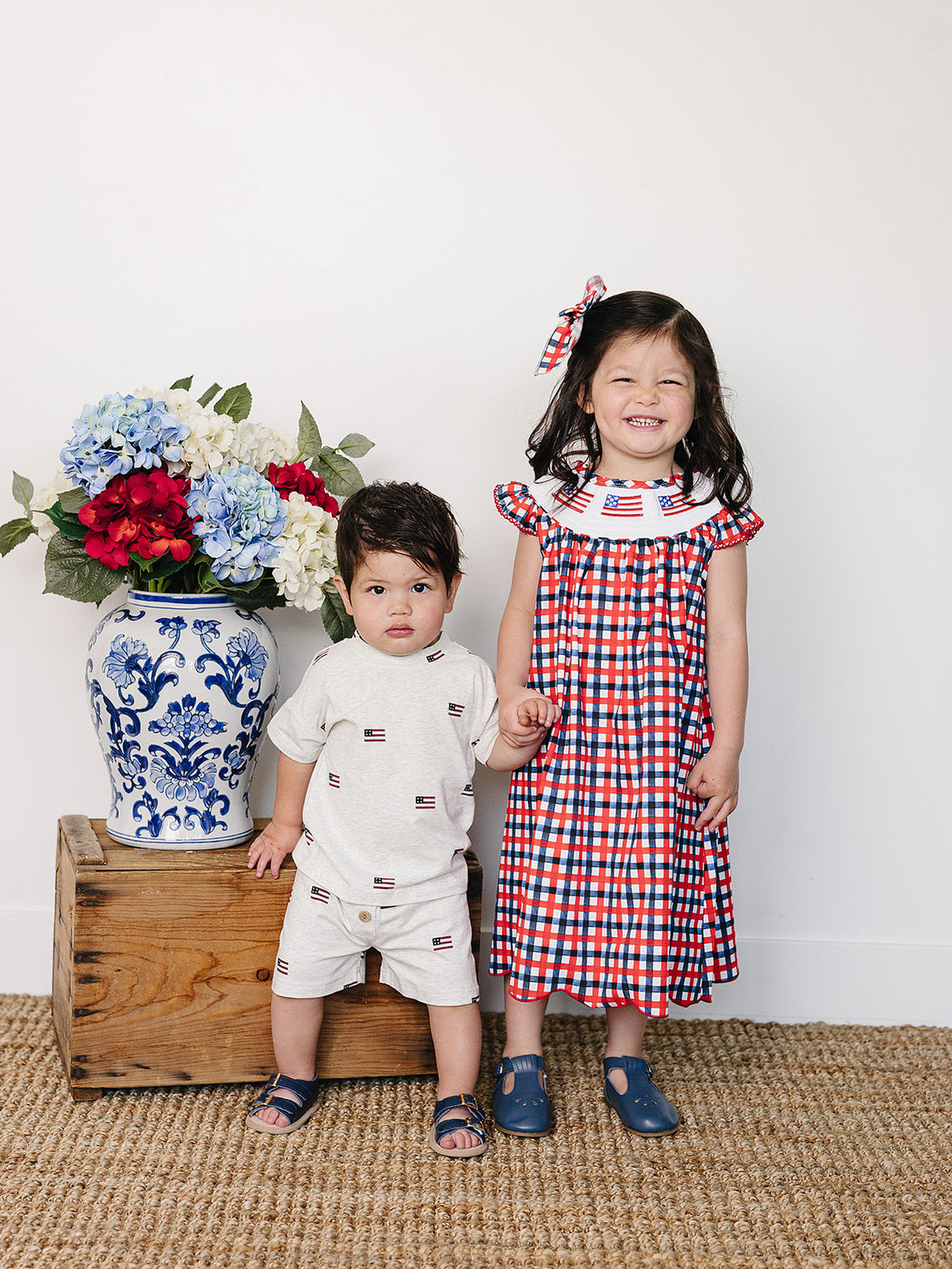 Mebie Baby organic baby short set with flag buttons.