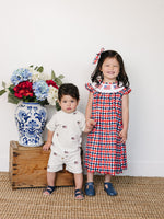 Mebie Baby organic baby short set with flag buttons.