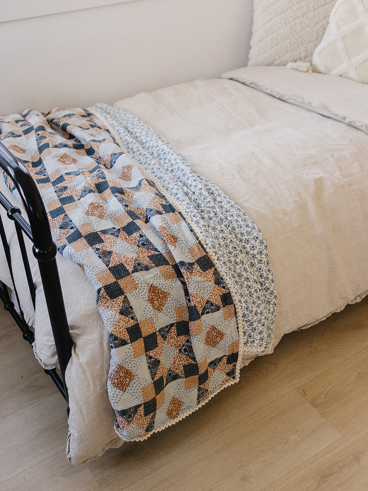 Patchwork Print + Blue Blossom Lace Twin Muslin Quilt by Mebie Baby at Everetts Place