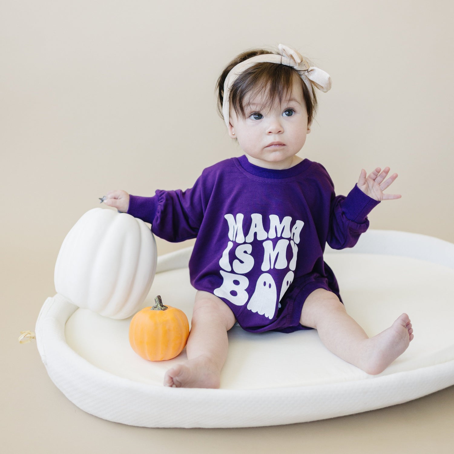 Bubble romper in bamboo fabric with "Mama Is My Boo" text and crotch snaps for diaper changes.