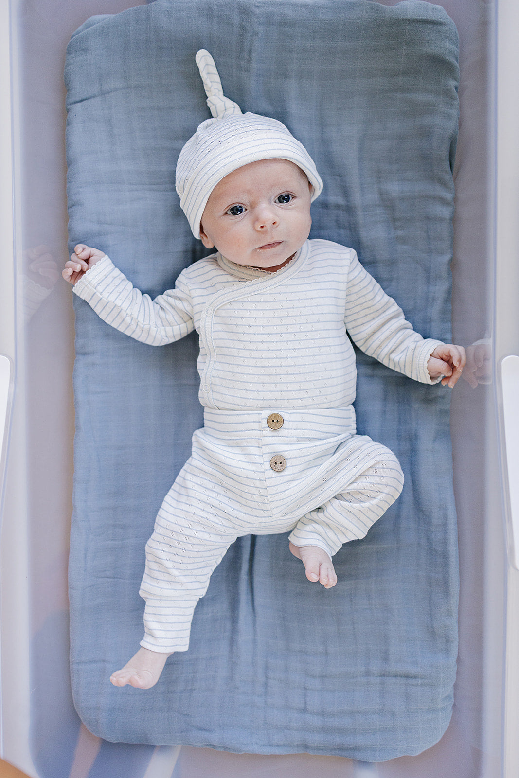 Blue Stripe Pointelle Cotton Newborn Knot Hat by Mebie Baby