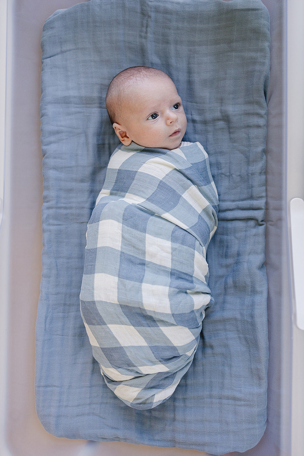 Muslin Swaddle Blanket - Dusty Blue Gingham by Mebie Baby