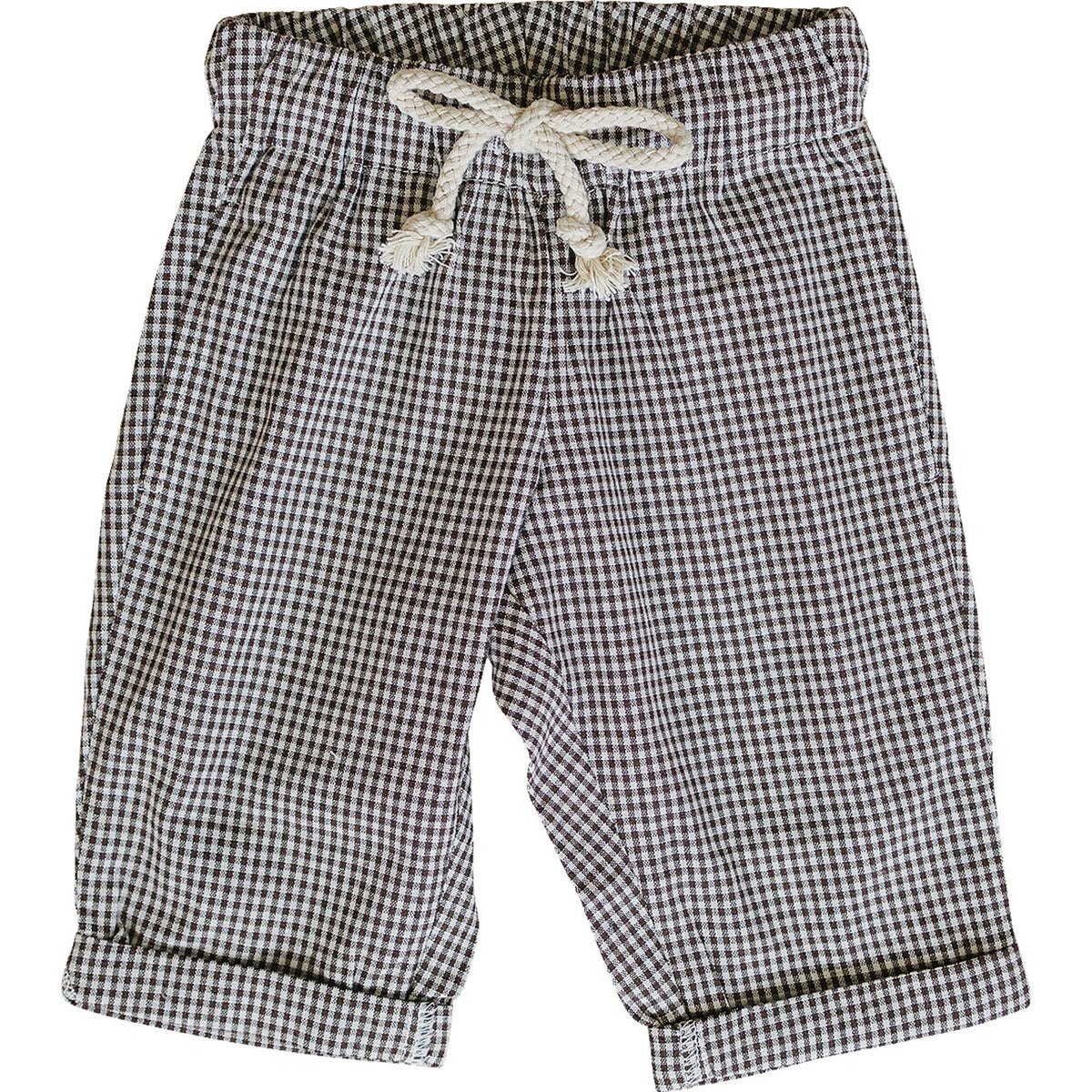 Baby pants in a brown plaid pattern with a relaxed fit
