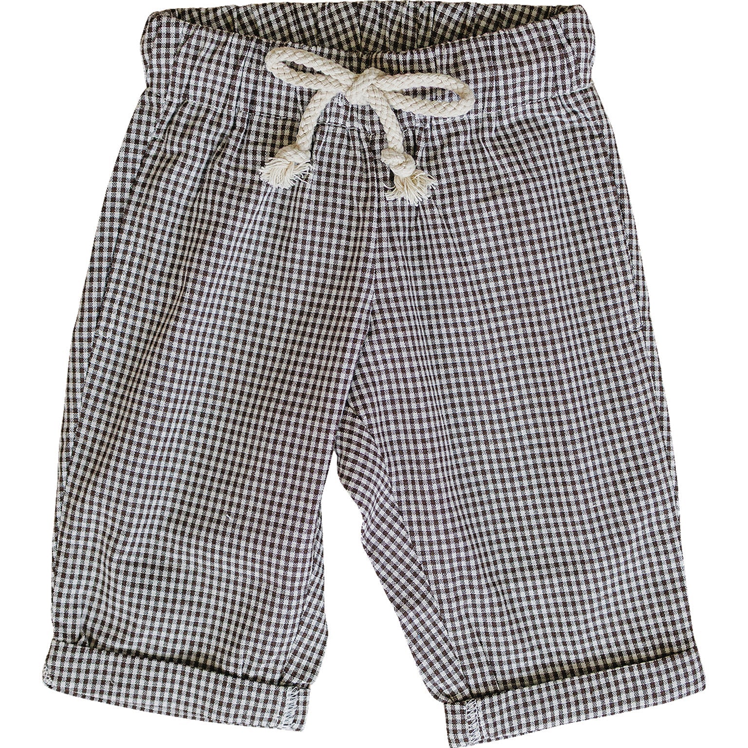 Baby pants in a brown plaid pattern with a relaxed fit