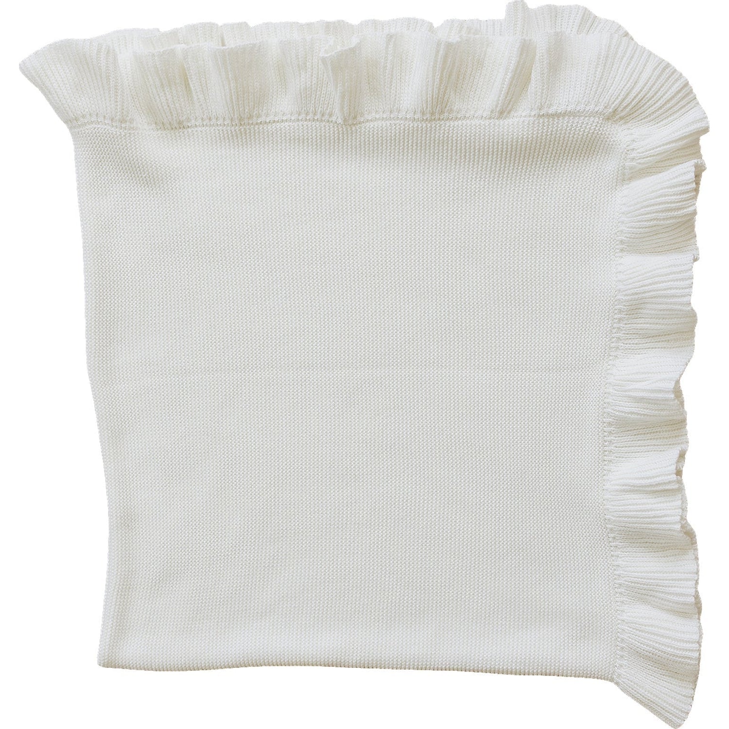 White knit baby blanket with delicate ruffle trim