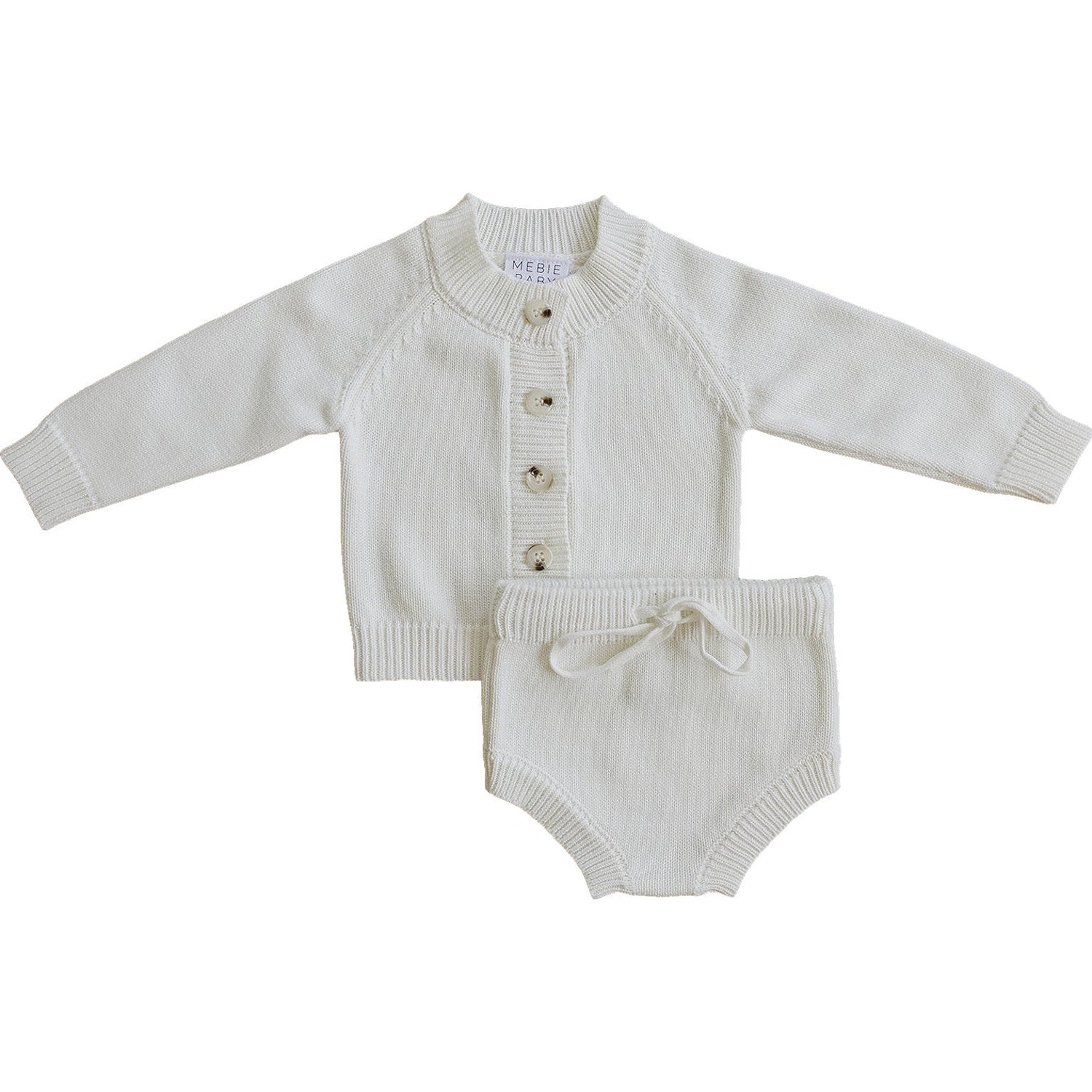 White knit button-down sweater with matching knit bloomers baby set