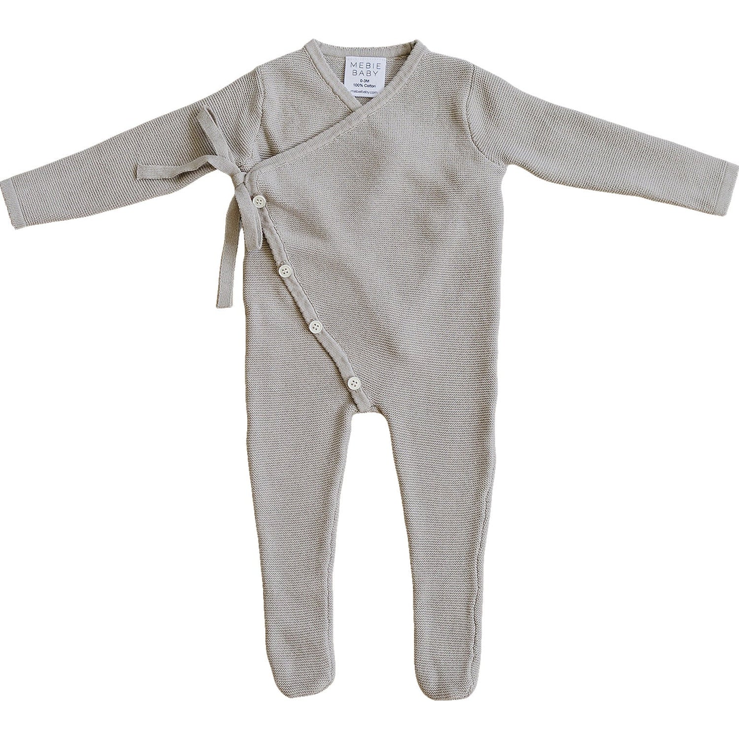 Taupe wrap-front baby romper with adjustable side tie