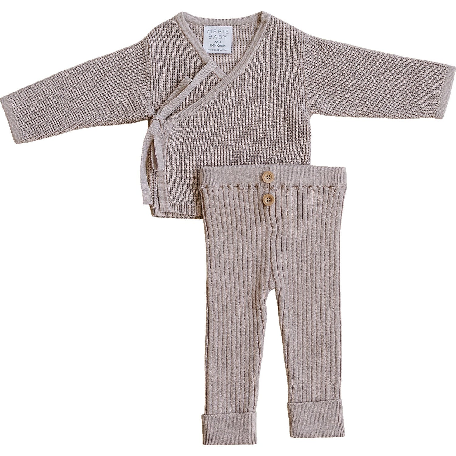 Mauve knit wrap cardigan with side tie and matching leggings, two-piece baby set