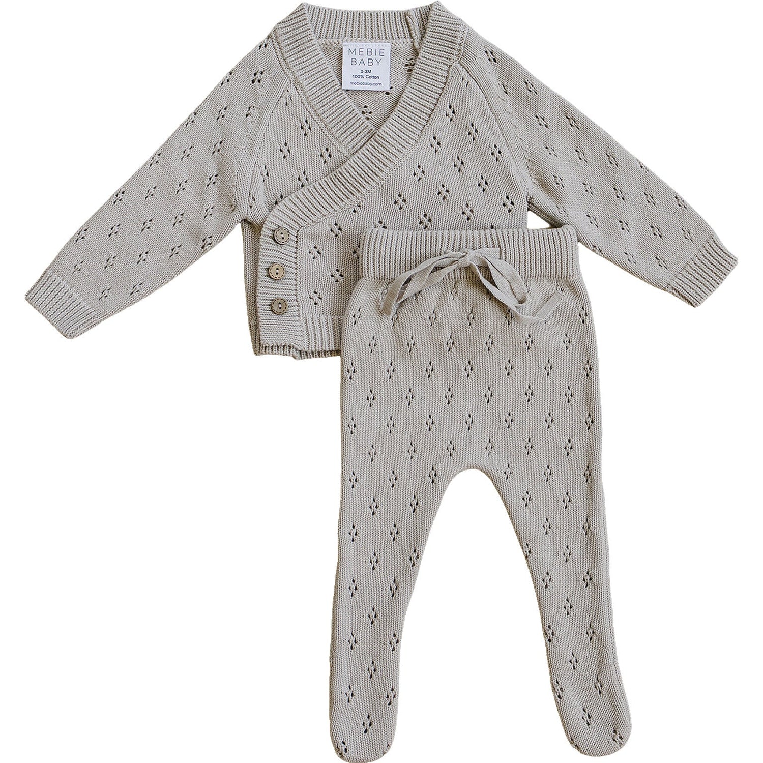 Taupe pointelle knit two-piece baby set with wrap cardigan, wooden buttons, and matching footed pants
