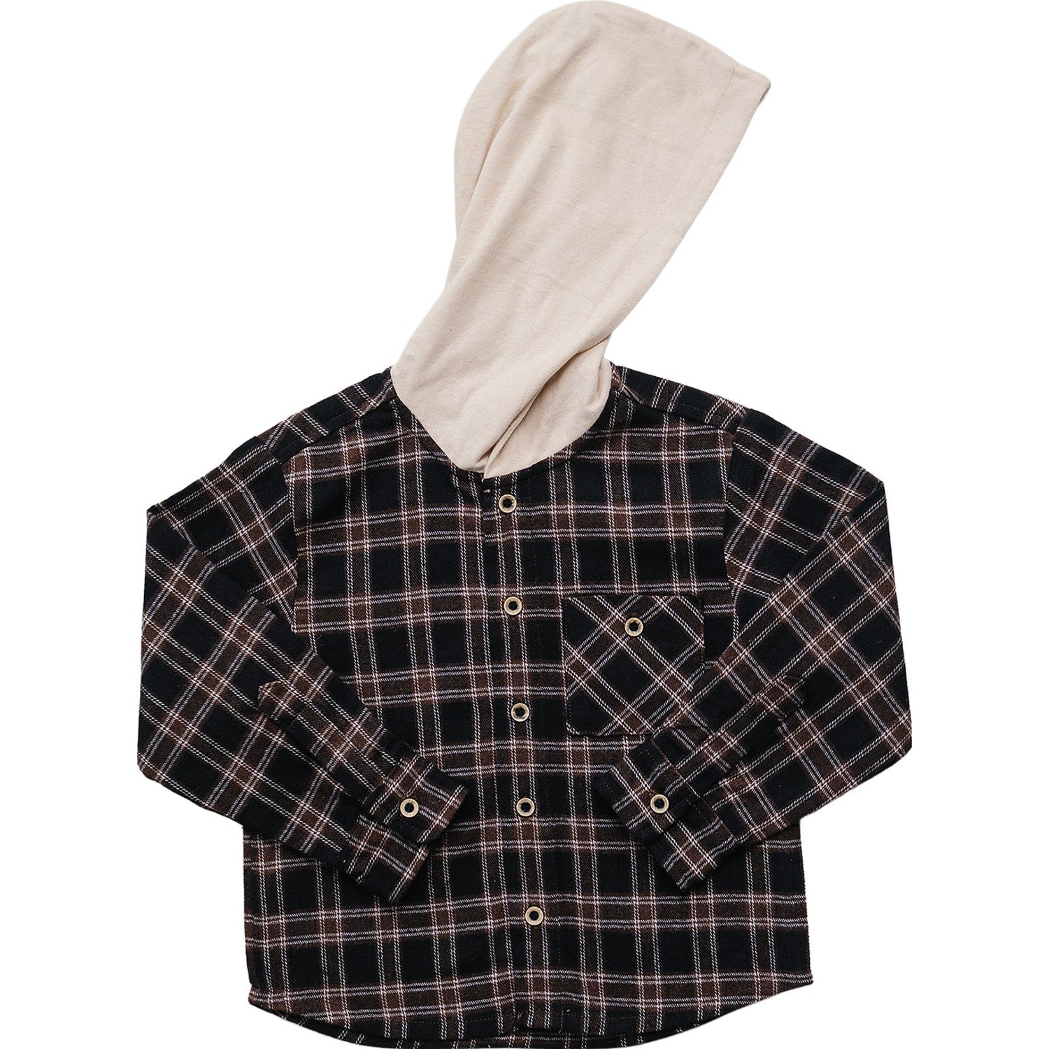 Dark plaid button-up shirt with an attached hood and button-front closure for a baby or child.