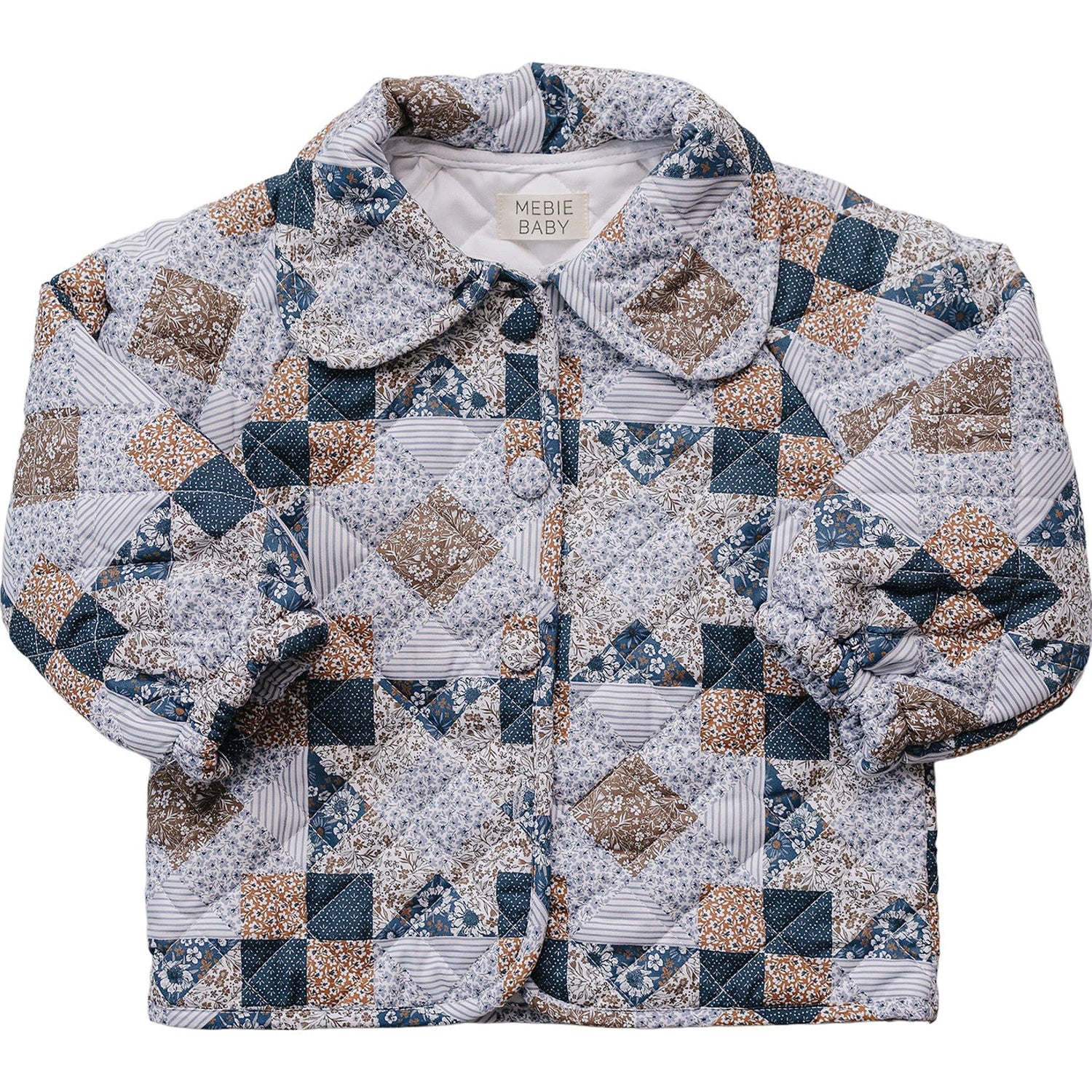 Quilted patchwork baby jacket in soft earthy tones with button-front closure