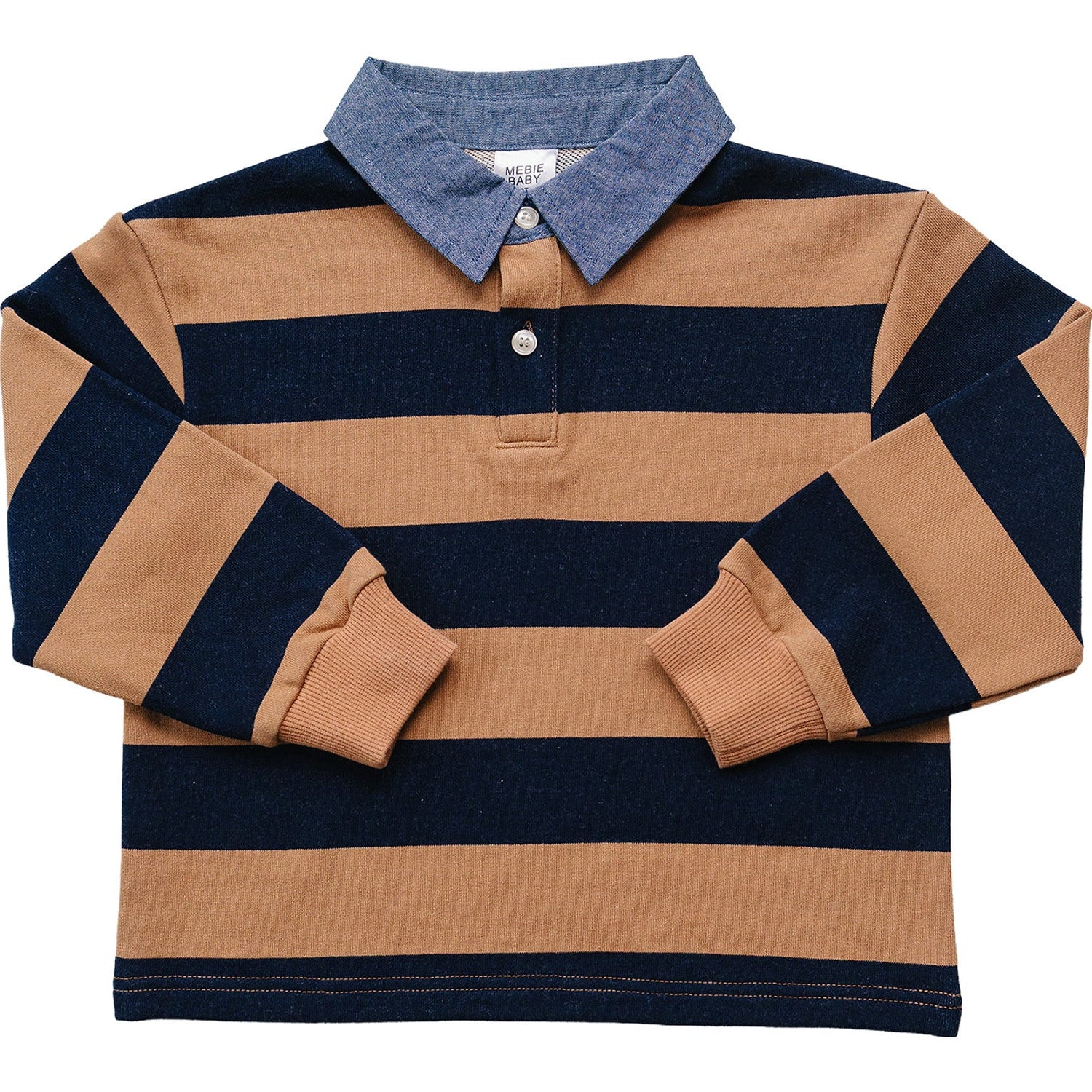Long sleeve collar shirt with camel and navy stripes and a crisp collar for a baby