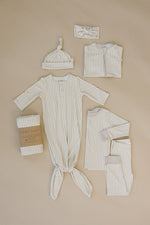 Mebie Baby taupe stripe ribbed bamboo knot gown