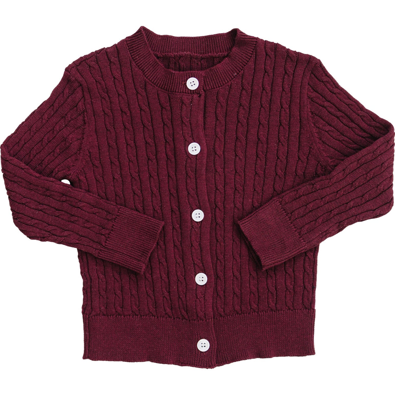 Burgundy cotton cable knit cardigan with button closures