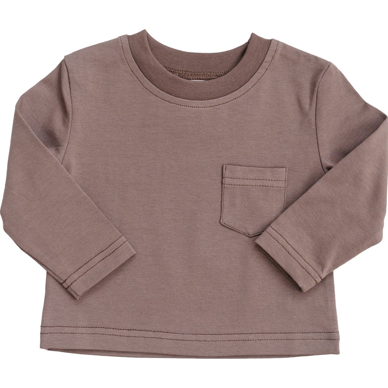 Brown long sleeve tee with a small chest pocket, laid flat.