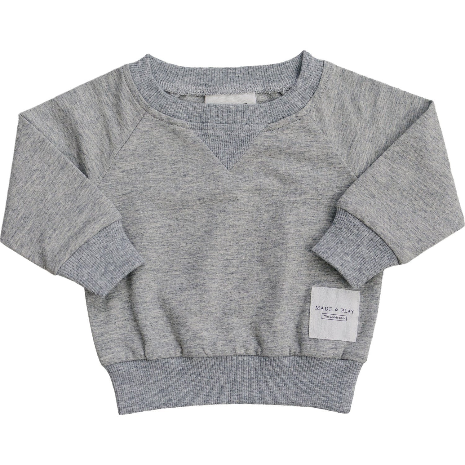 Heather gray crewneck sweatshirt with a small patch at the bottom hem