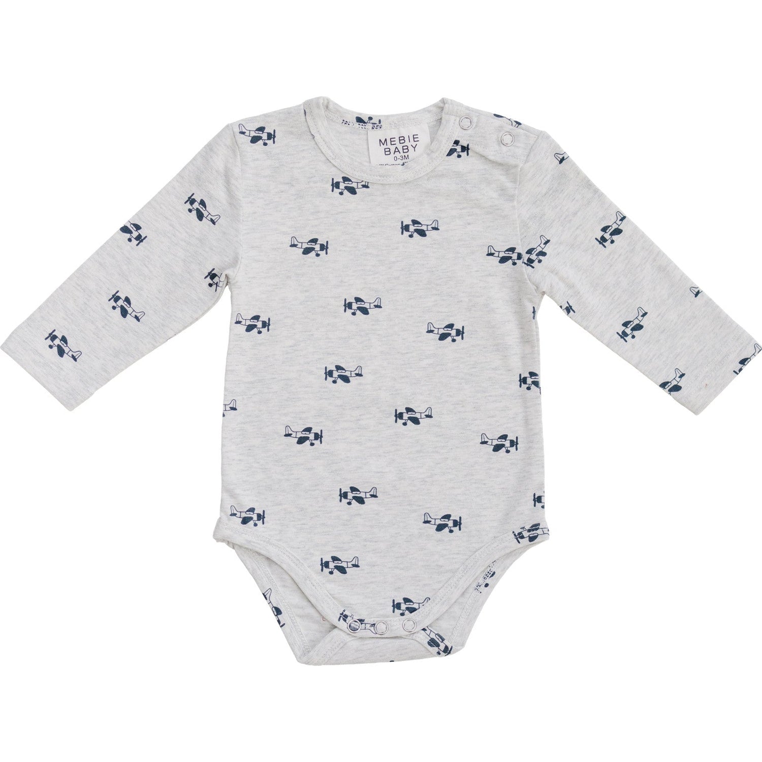 Long sleeve baby bodysuit with an all-over vintage airplane print and snap closures at the shoulders and bottom.