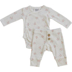 Two-piece baby layette set in pink floral pointelle knit, with matching top and pants