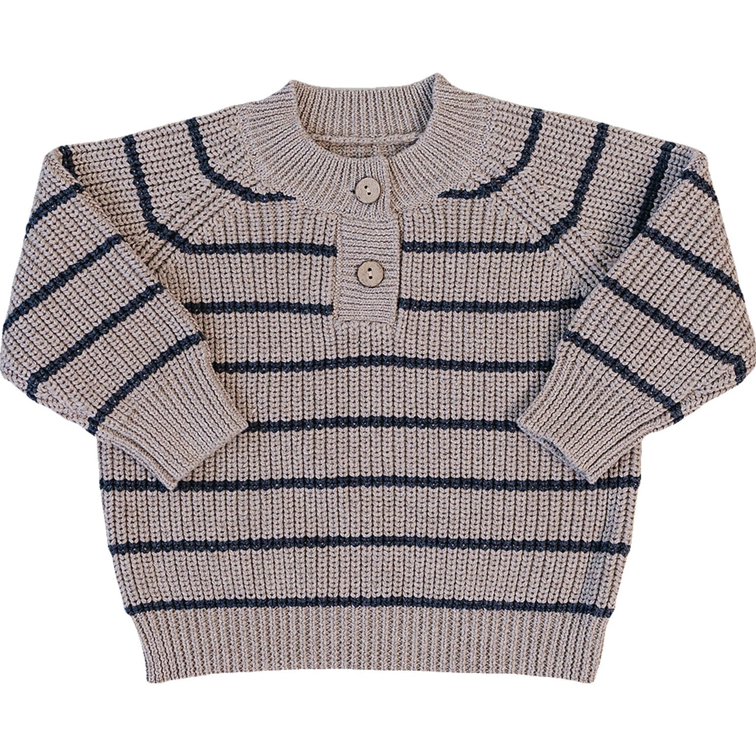 Brown and charcoal stripe cotton knit sweater with ribbed crew neckline, cuffs, and hem