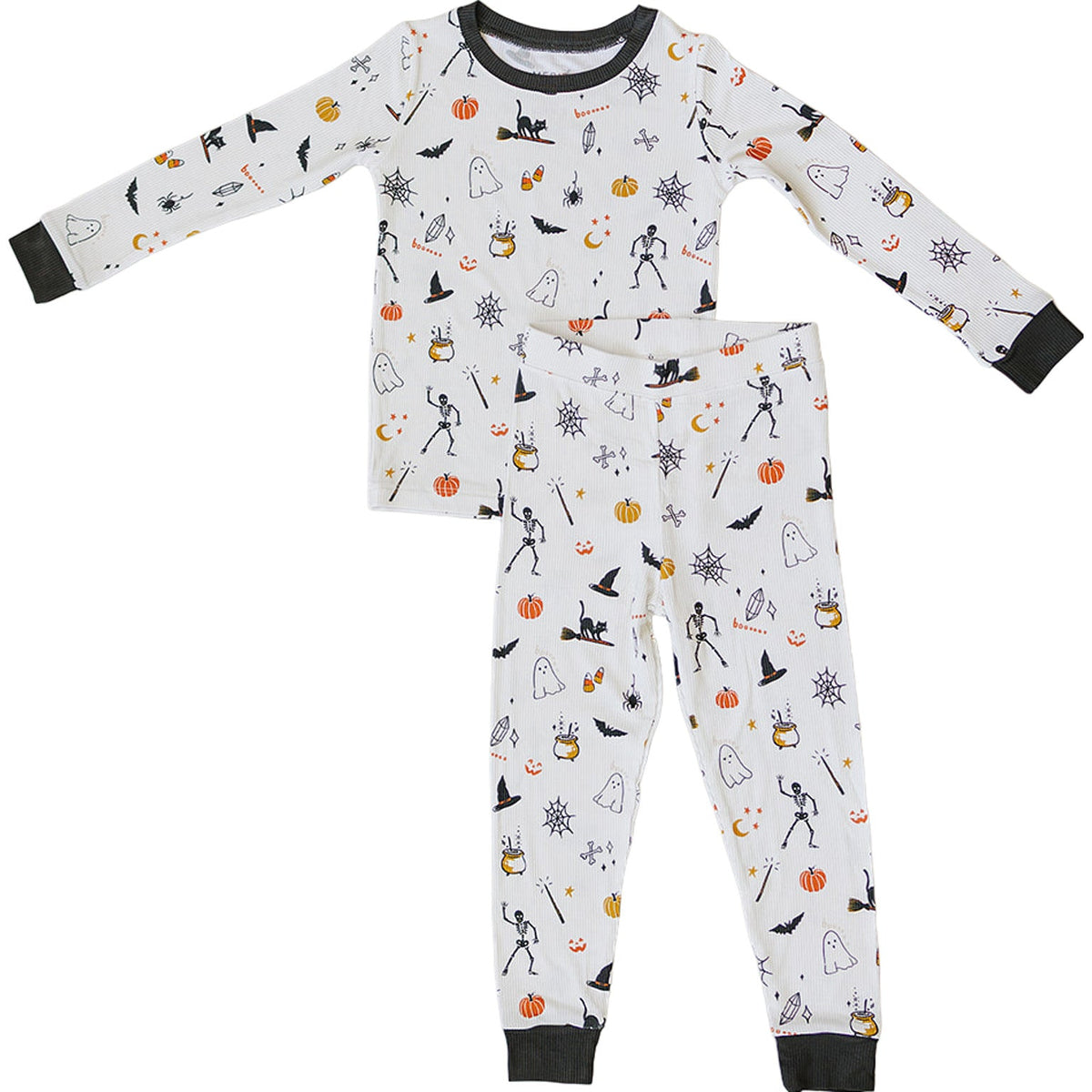 Two-piece bamboo cozy set with long-sleeve top and pants in a dark Halloween ghost print