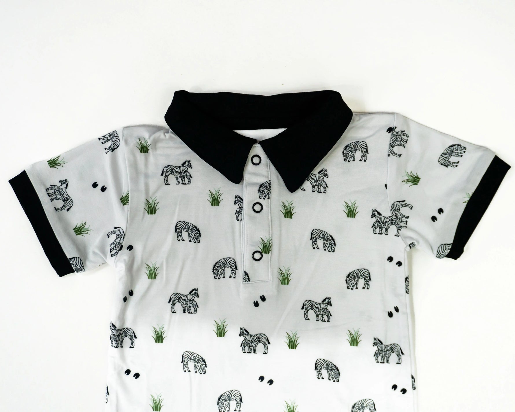 Zebra | Polo Romper - Sleeve, Collar, White, Textile, Button | Everetts Place