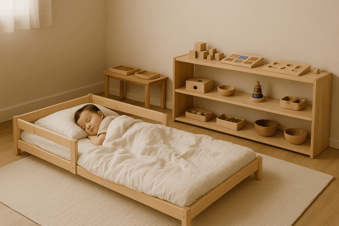 A Montessori bed with a child asleep with montessori toys in the room
