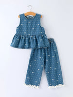 Spring Bow Dot Denim Ruffle Top and Pants Set 3/4 Pants by Rylee Faith Designs