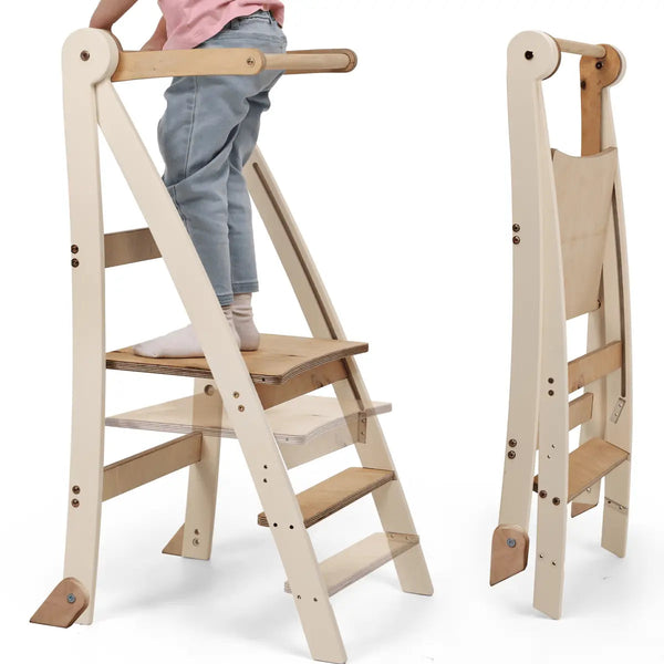 Natural wood adjustable Montessori kitchen tower step stool with safety rails for toddlers