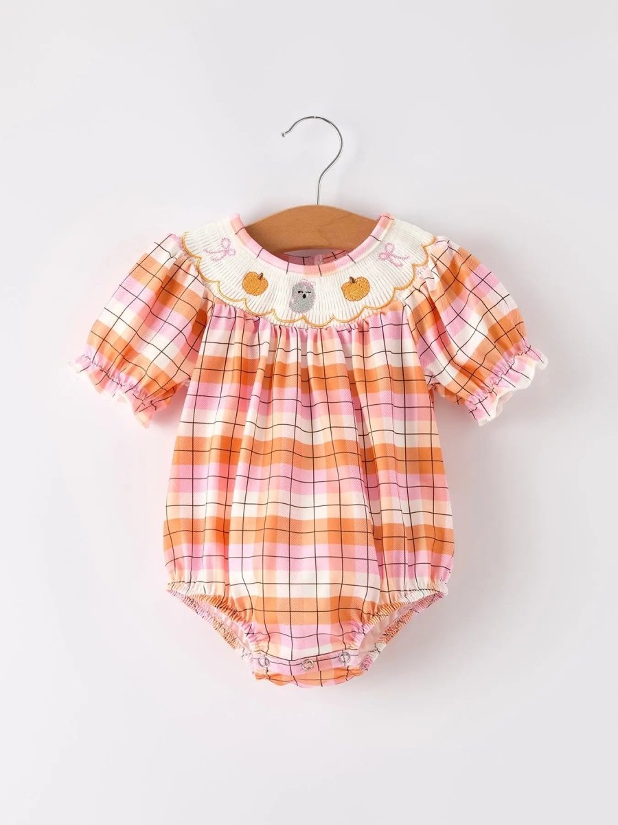 Rylee Faith Designs Adorable Pumpkin Bow Ghost Romper with Embroidered Details for Toddler Girls - 