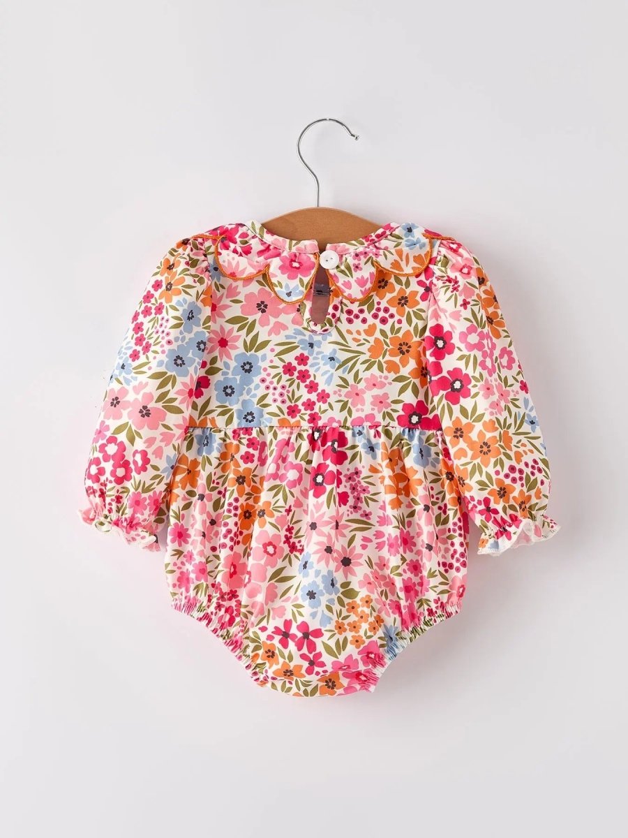 Rylee Faith Designs Adorable Pumpkin Bow Smock Romper with Floral Embroidery for Baby Girls - 