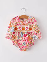 Rylee Faith Designs Adorable Pumpkin Bow Smock Romper with Floral Embroidery for Baby Girls - 