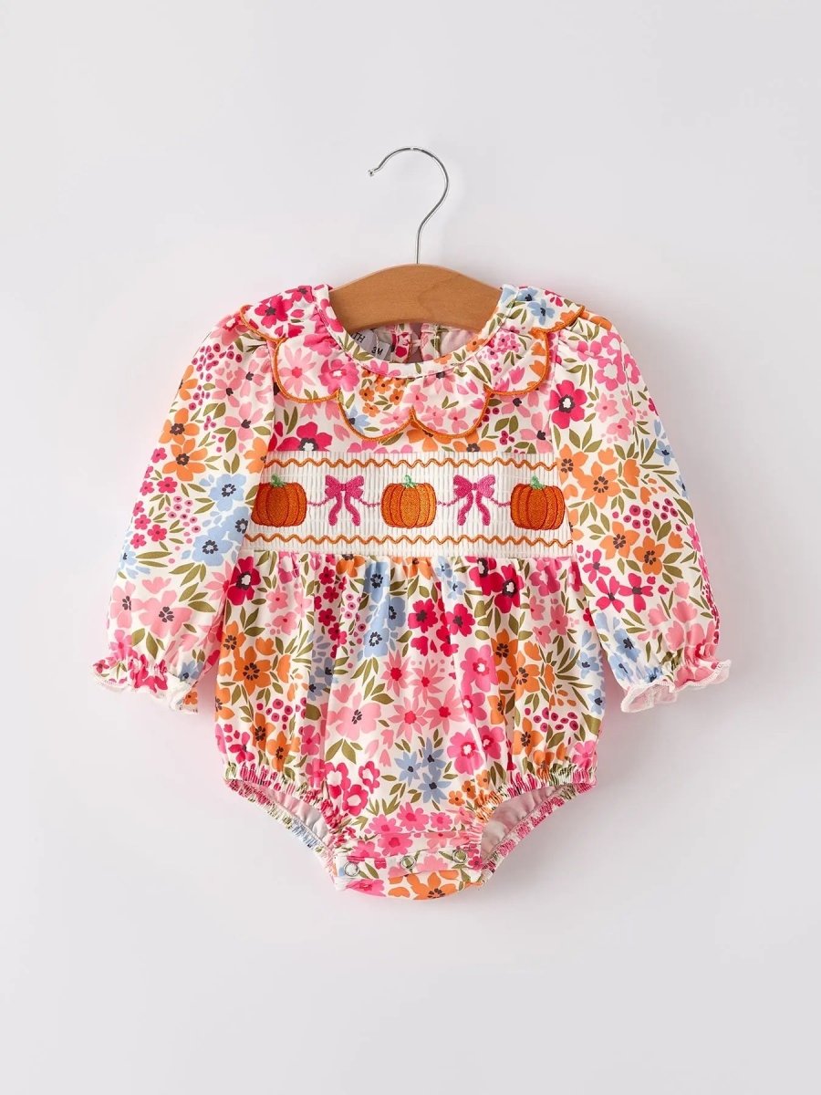 Rylee Faith Designs Adorable Pumpkin Bow Smock Romper with Floral Embroidery for Baby Girls - 