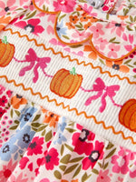 Rylee Faith Designs Adorable Pumpkin Bow Smock Romper with Floral Embroidery for Baby Girls - 