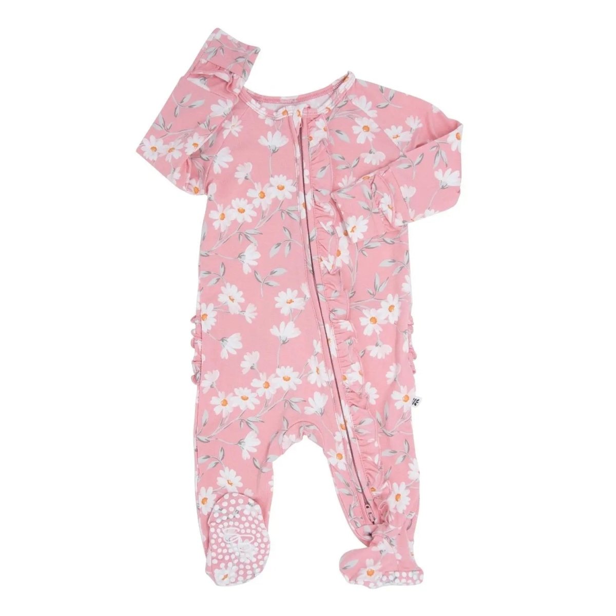 Sweet Bamboo Adorable Ruffle Footie with 2 Way Zipper and Non Slip Grips for Babies - 