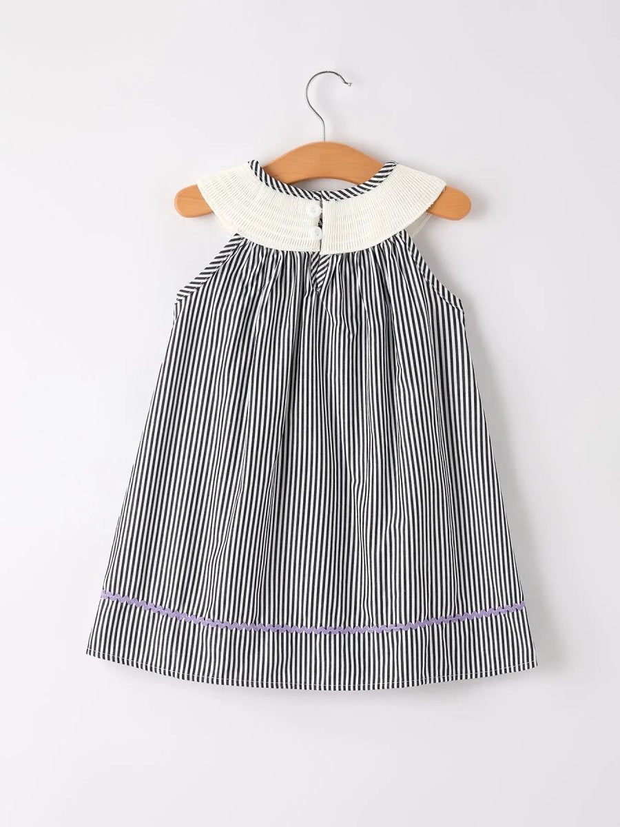 Rylee Faith Designs Adorable Striped Halloween Smock Dress with Trick Or Treat Embroidery for Baby Girls - 